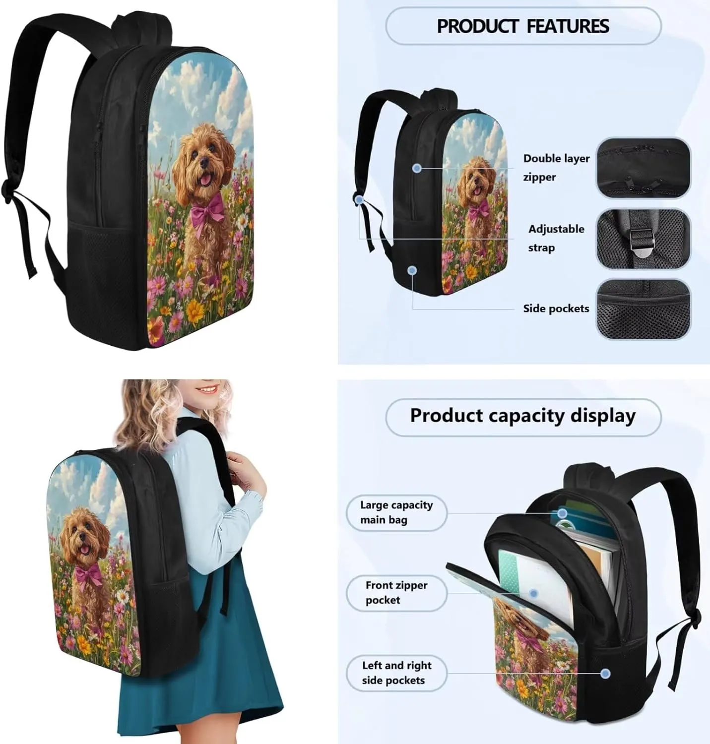Blue Sky Dog Bookbag for Girls Kids Backpack and Lunch Box Set 2 Piece Bookmarks and Novelty Pencil Box 4 in 1 Sets Boys 7th Grade School Bag with Compartment Soft Back Packs