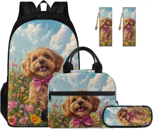Blue Sky Dog Bookbag for Girls Kids Backpack and Lunch Box Set 2 Piece Bookmarks and Novelty Pencil Box 4 in 1 Sets Boys 7th Grade School Bag with Compartment Soft Back Packs