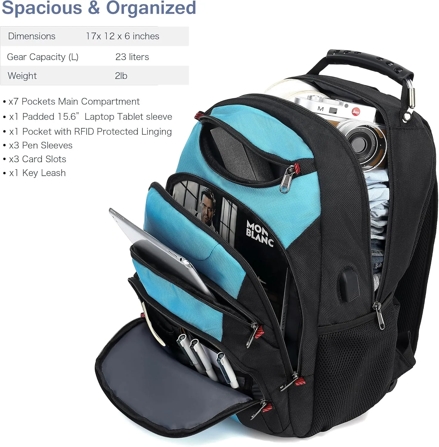 Boavan Laptop Backpack for men, 15.6 inch Laptop Bag with USB Port, Waterproof Travel Work Backpack Purse, Anti-Theft Teacher Nurse Doctor Casual Bookbags Office Business backpack，Sky Blue/Black