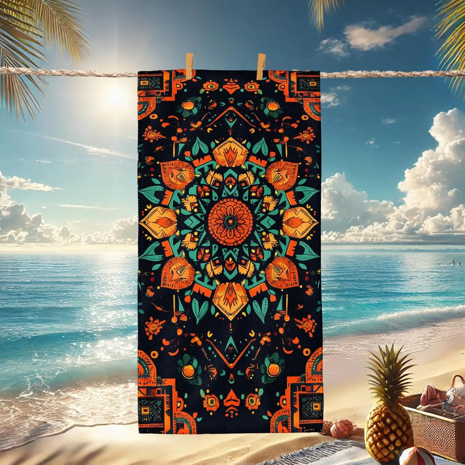 Bohemian Mandala Microfiber Beach Towel Extra Large Colorful Black Bath Towel, Quick Dry Absorbent Sand Free Lightweight Beach Blanket, Vacation Picnic Essentials Outdoor Travel 62x31 Inch