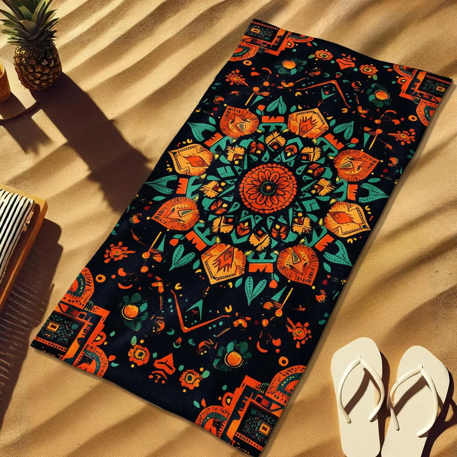 Bohemian Mandala Microfiber Beach Towel Extra Large Colorful Black Bath Towel, Quick Dry Absorbent Sand Free Lightweight Beach Blanket, Vacation Picnic Essentials Outdoor Travel 62x31 Inch