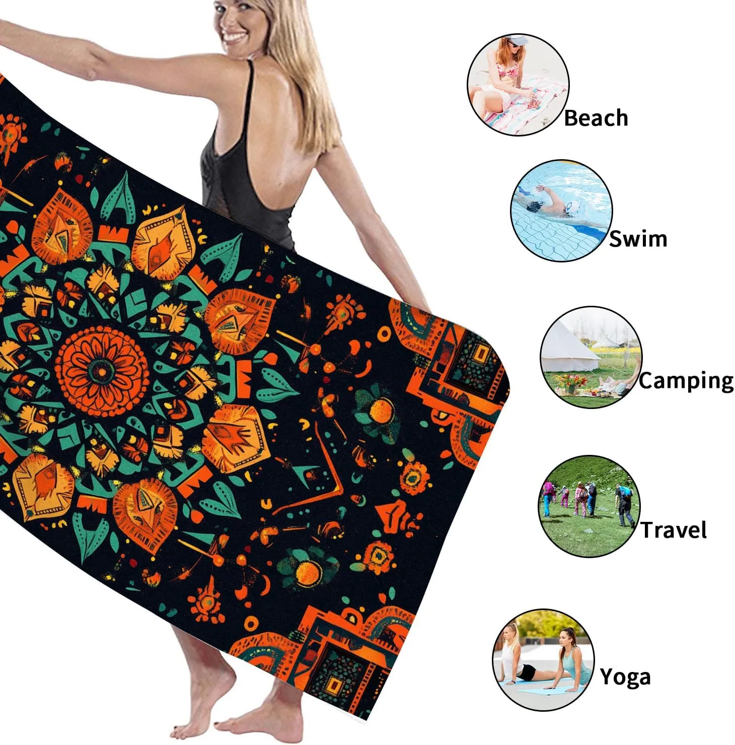 Bohemian Mandala Microfiber Beach Towel Extra Large Colorful Black Bath Towel, Quick Dry Absorbent Sand Free Lightweight Beach Blanket, Vacation Picnic Essentials Outdoor Travel 62x31 Inch