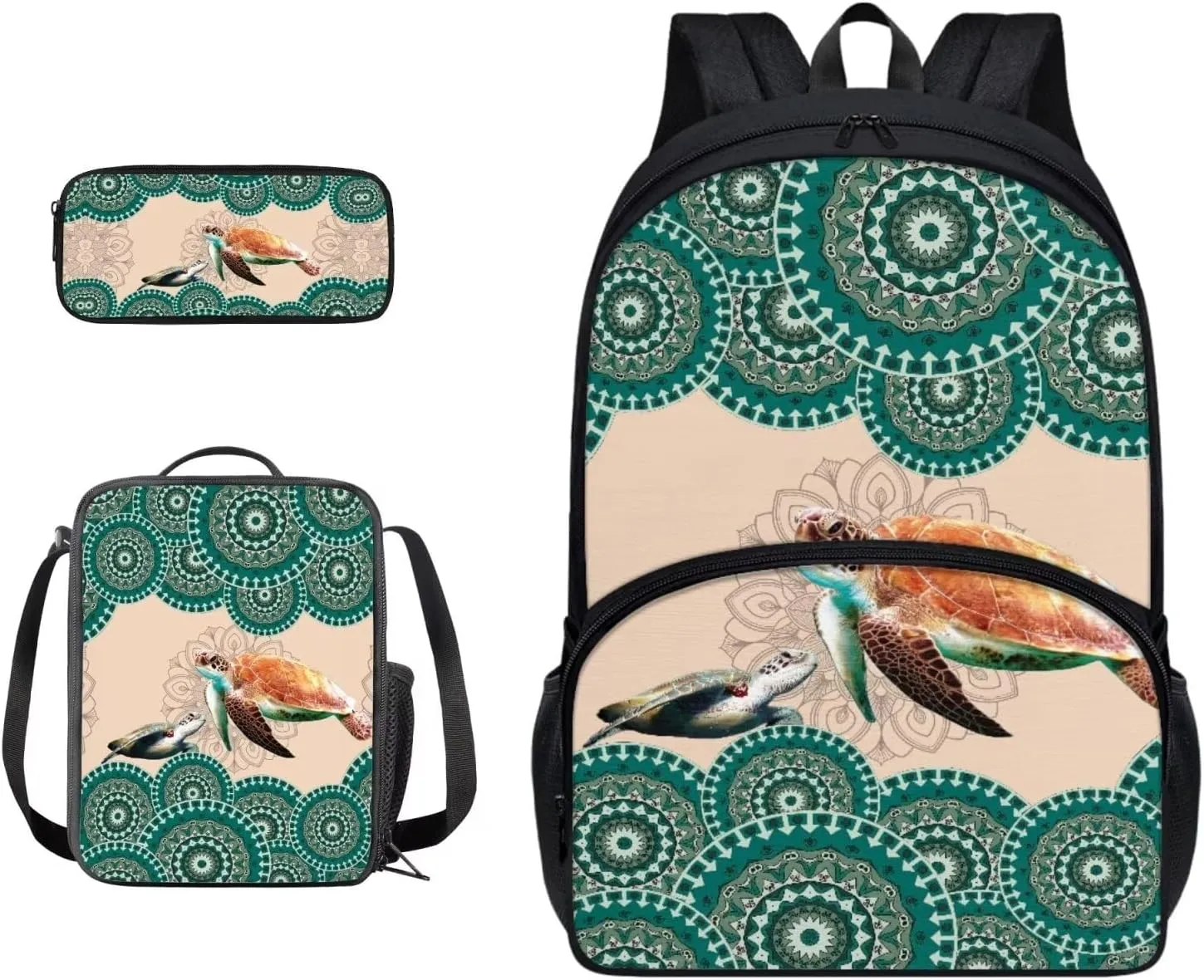 Boho Mandala Turtle Print Backpack Set Schoolbag Lunch Box Pencil Case Primary School Bookbag for Student Backpacks Large Capacity Rucksack Casual Daypack with Zipper