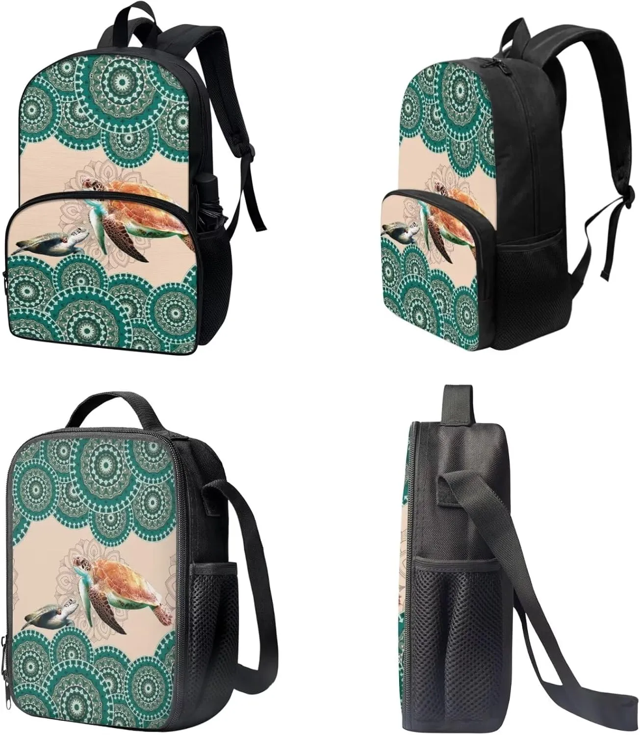 Boho Mandala Turtle Print Backpack Set Schoolbag Lunch Box Pencil Case Primary School Bookbag for Student Backpacks Large Capacity Rucksack Casual Daypack with Zipper