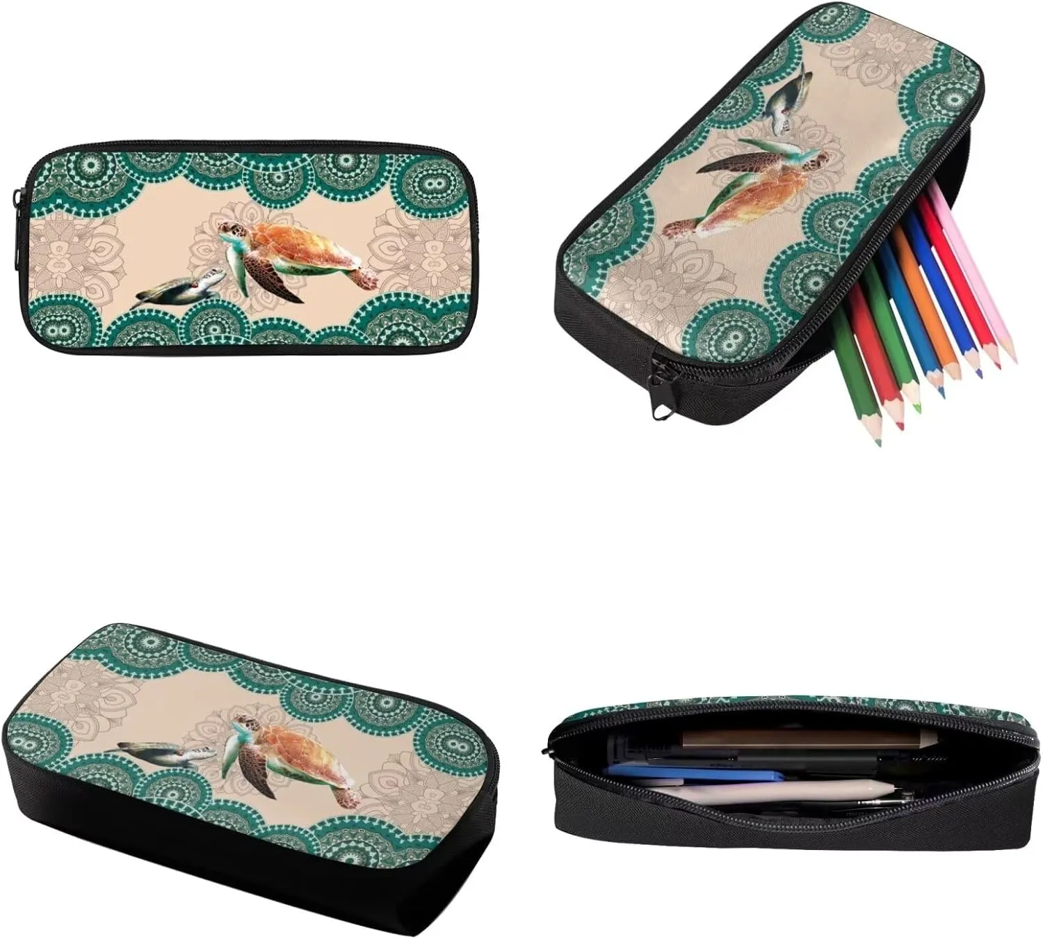 Boho Mandala Turtle Print Backpack Set Schoolbag Lunch Box Pencil Case Primary School Bookbag for Student Backpacks Large Capacity Rucksack Casual Daypack with Zipper
