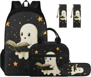 Book Ghost 4th Grade Backpack for Girls Kids Book Bag 4-in-1 Elementary School Bags for Girls Casual Daypack Backpacks with Lunch Box Pencil Case Bookmarks for Primary Students