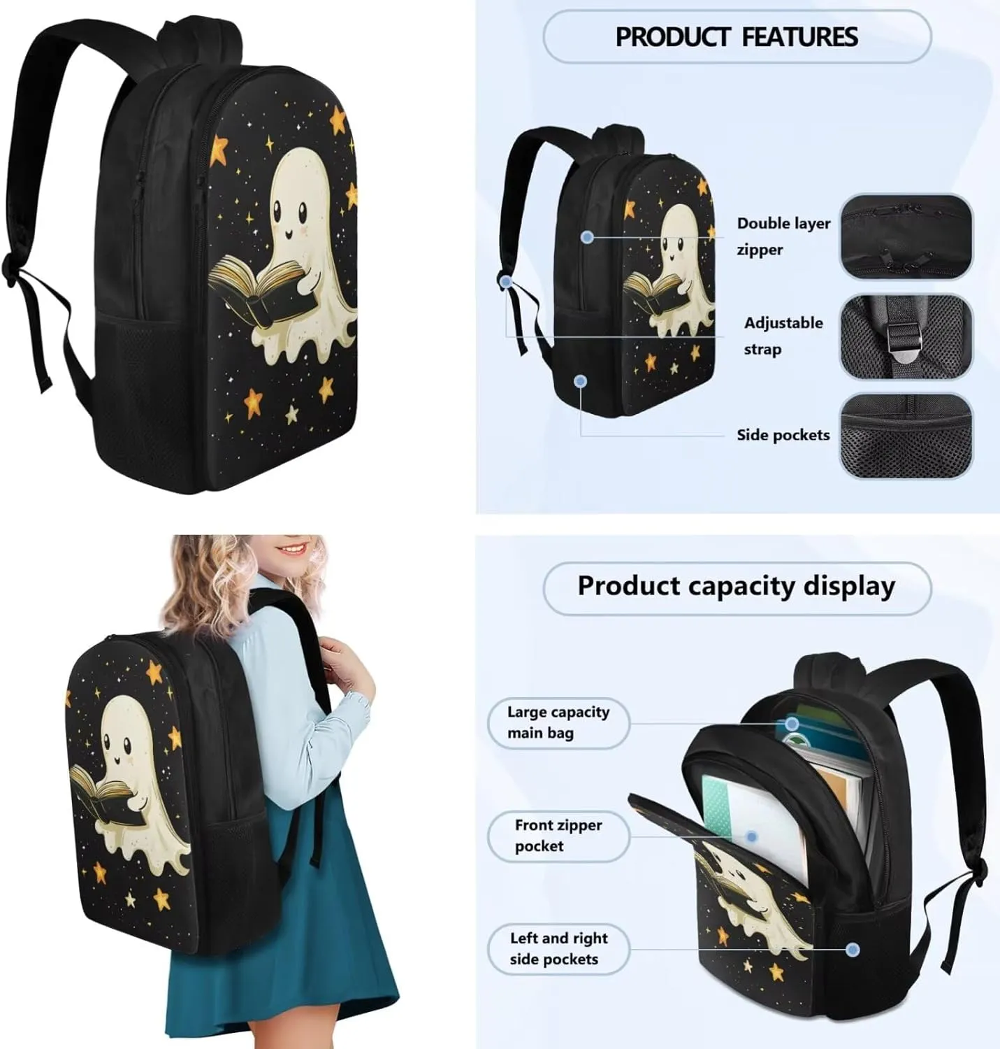 Book Ghost 4th Grade Backpack for Girls Kids Book Bag 4-in-1 Elementary School Bags for Girls Casual Daypack Backpacks with Lunch Box Pencil Case Bookmarks for Primary Students