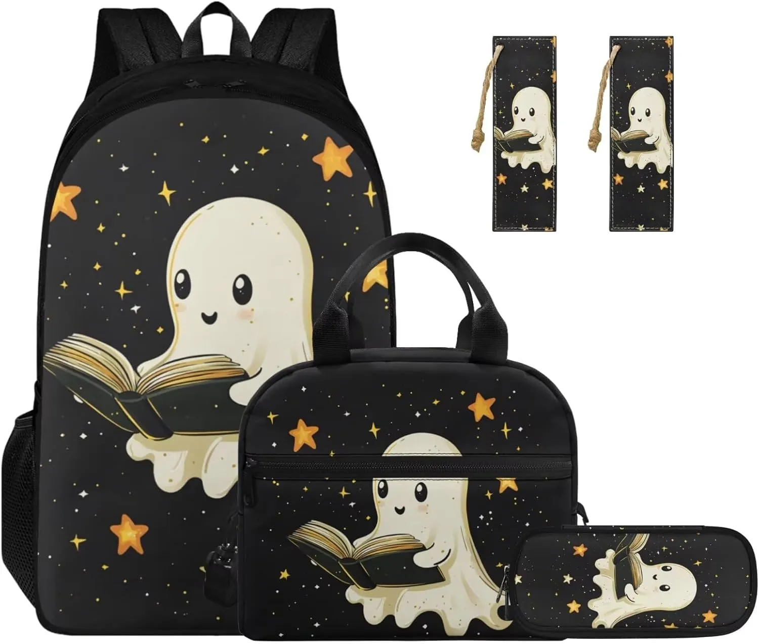 Book Ghost 4th Grade Backpack for Girls Kids Book Bag 4-in-1 Elementary School Bags for Girls Casual Daypack Backpacks with Lunch Box Pencil Case Bookmarks for Primary Students