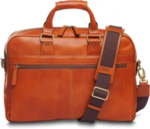 Bosca Real Leather Messenger Bag for Men - Dolce Italia Vegetable-Tanned Leather with RFID Pocket For Work & Travel - Fits 16" Laptops - Exterior Zipper Pockets, & Trolley Strap Amber Brown