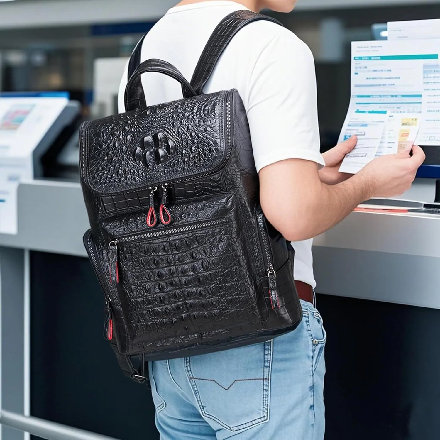 boshiho Real Leather Laptop Backpack Fashion Travel Bag Daypack for Men (L - Metal Zipper Pull)