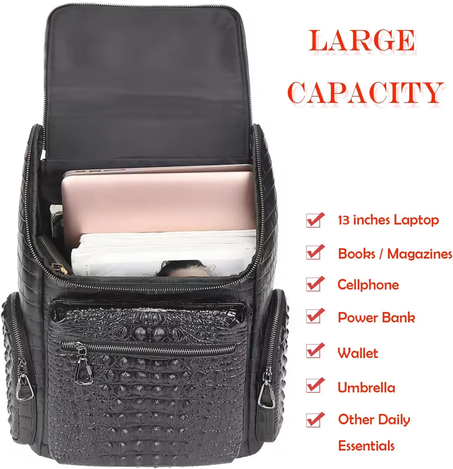 boshiho Real Leather Laptop Backpack Fashion Travel Bag Daypack for Men (L - Metal Zipper Pull)