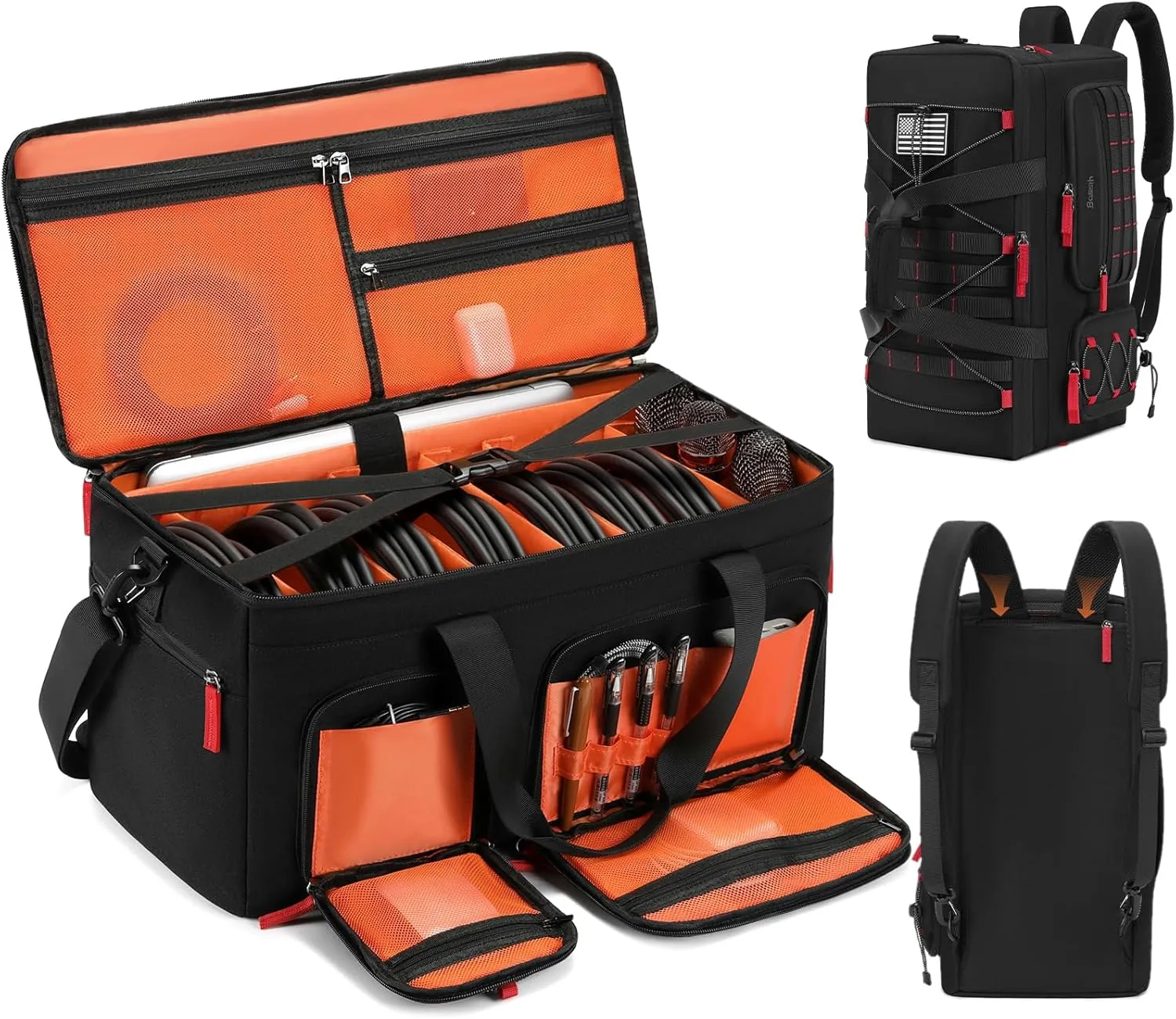 BOSSTIN DJ Cable Gig Bag for Equipment, DJ Cable Organizer Backpack with Detachable Dividers and Padded Bottom, DJ Mixer Bag for Music Gear Accessories with 15.6'' Laptop Compartment (Black)
