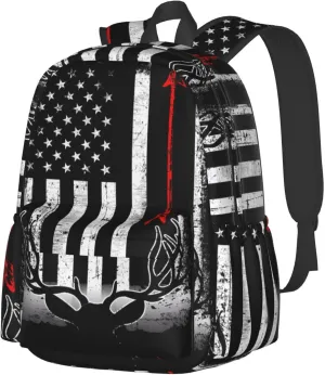 Bow Deer Hunting American Flag Casual Backpacks Large Travel Backpack Laptop Rucksack Sports Daypack Adjustable Strap Bag for Camping Hiking