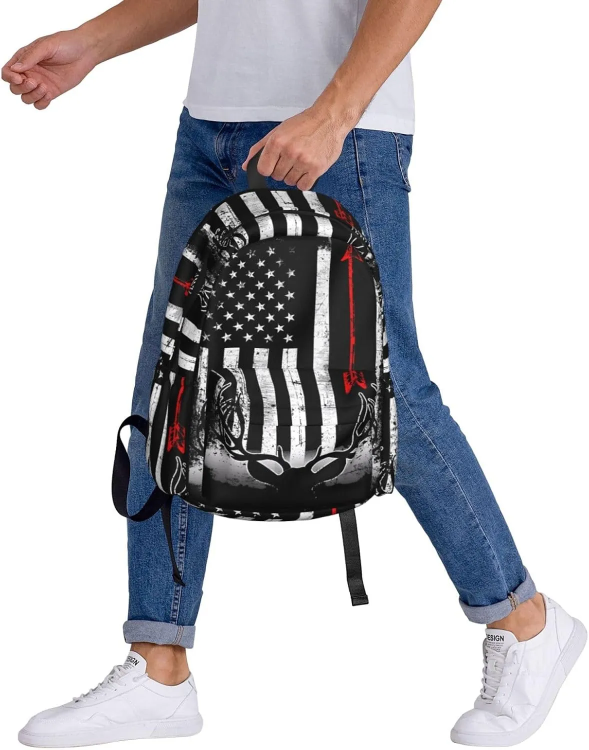 Bow Deer Hunting American Flag Casual Backpacks Large Travel Backpack Laptop Rucksack Sports Daypack Adjustable Strap Bag for Camping Hiking