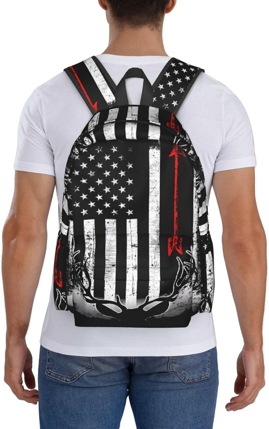 Bow Deer Hunting American Flag Casual Backpacks Large Travel Backpack Laptop Rucksack Sports Daypack Adjustable Strap Bag for Camping Hiking