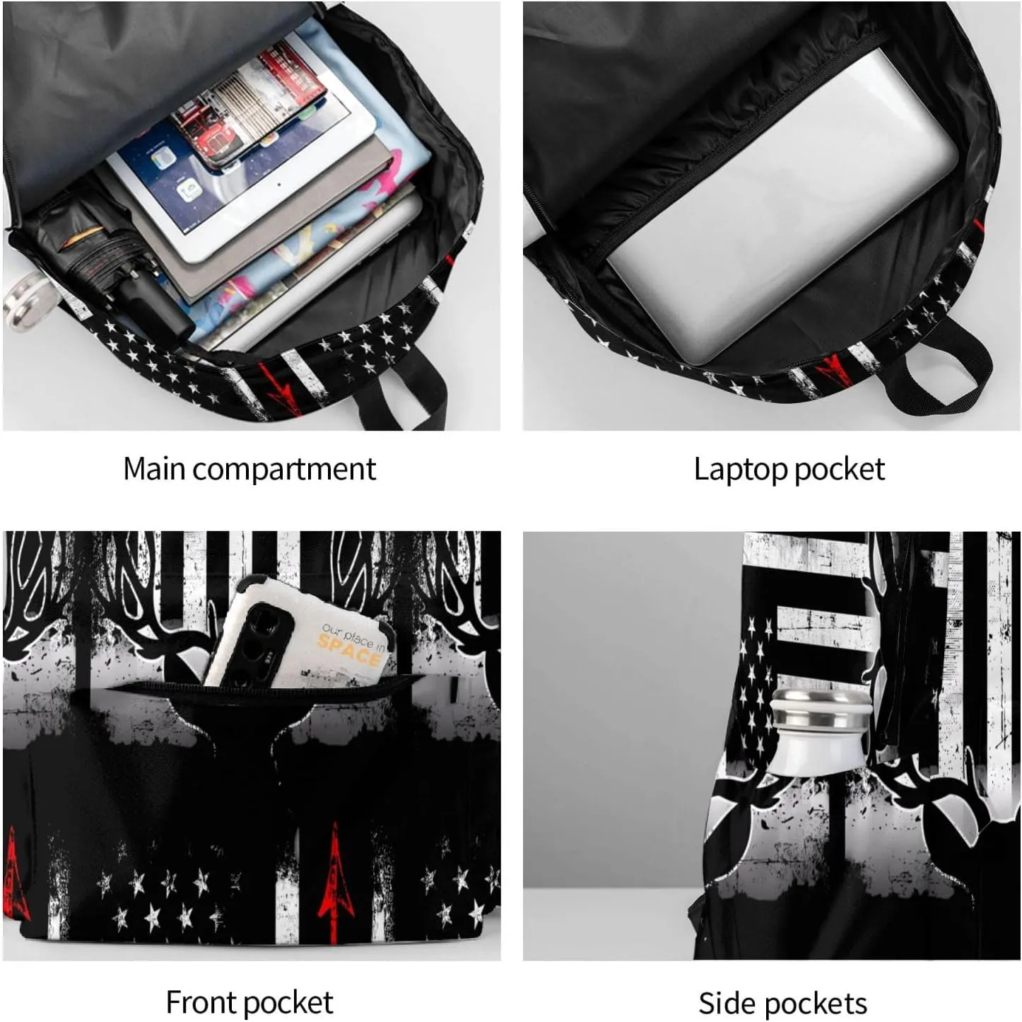 Bow Deer Hunting American Flag Casual Backpacks Large Travel Backpack Laptop Rucksack Sports Daypack Adjustable Strap Bag for Camping Hiking