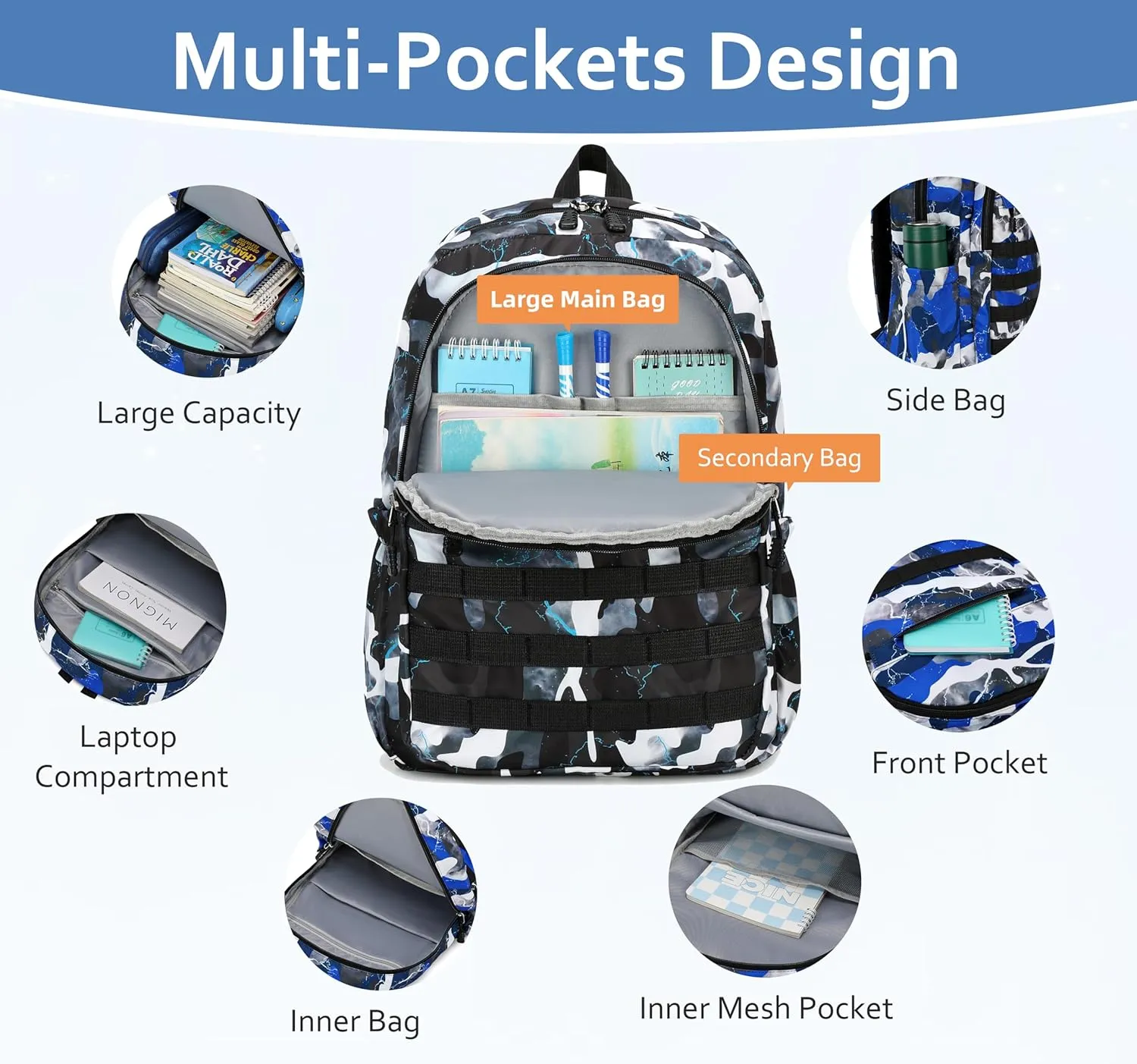 Boys Backpack with Lunch Box, Camo Kids Backpacks for Boys Elementary Middle School Bag Bookbag Outdoor Travel Back Pack (Camo Black Set, Small)