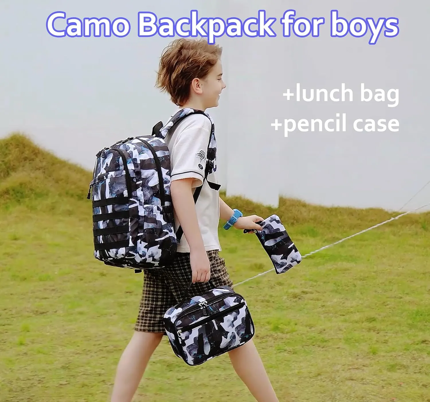 Boys Backpack with Lunch Box, Camo Kids Backpacks for Boys Elementary Middle School Bag Bookbag Outdoor Travel Back Pack (Camo Black Set, Small)