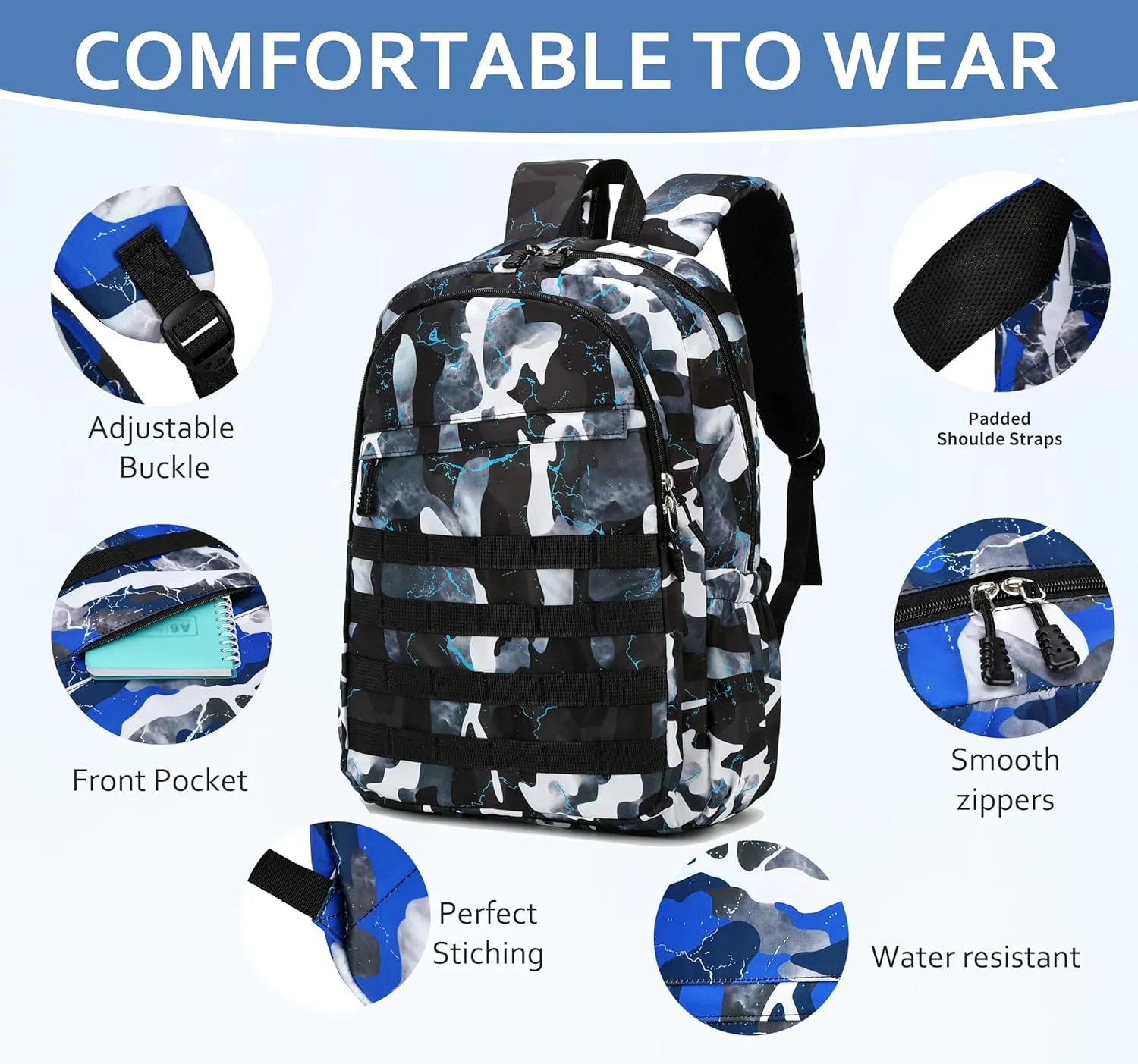 Boys Backpack with Lunch Box, Camo Kids Backpacks for Boys Elementary Middle School Bag Bookbag Outdoor Travel Back Pack (Camo Black Set, Small)