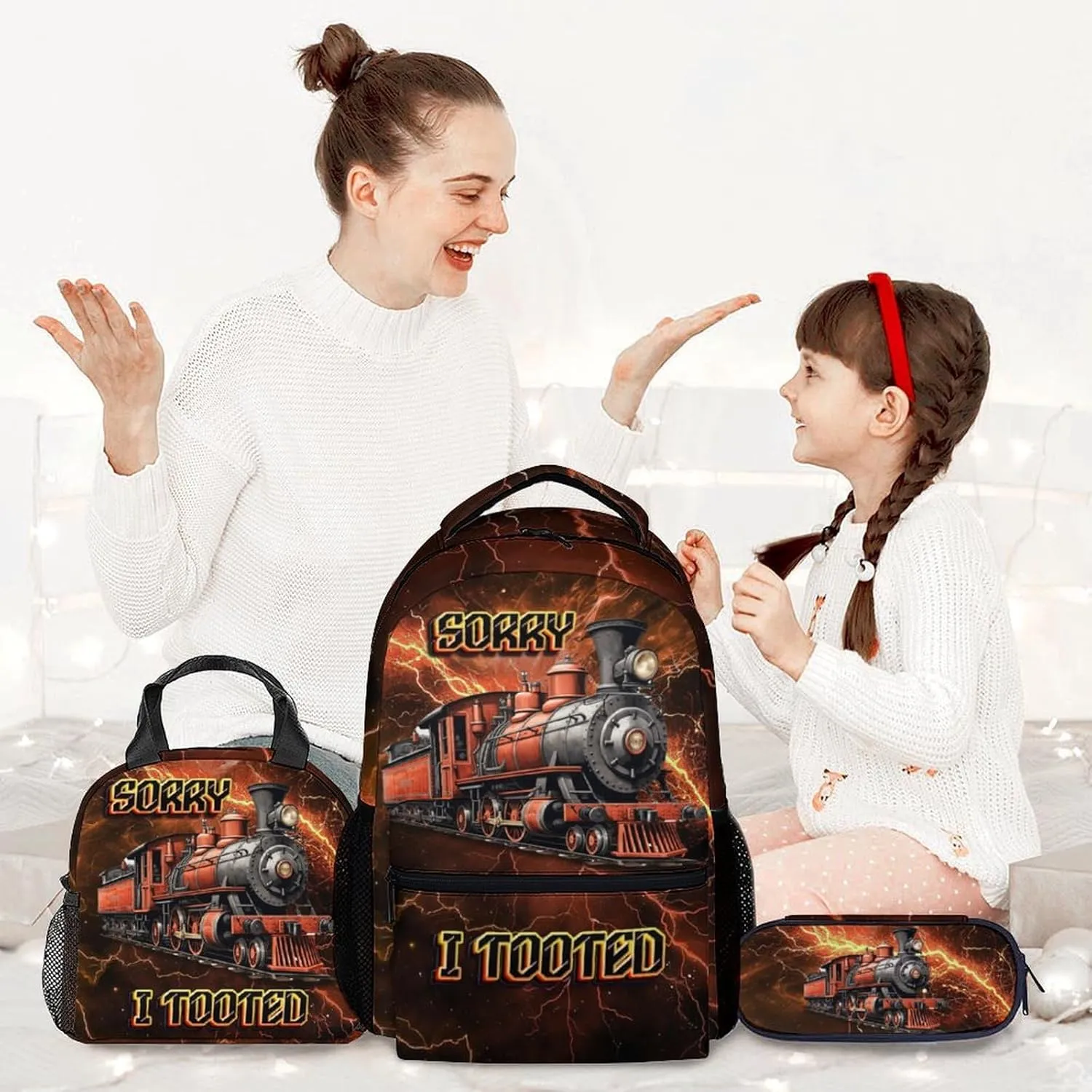 Boys Train School Backpack with Lunch Box - Set of 3 Train Backpacks Matching Combo for Kids 6-8 - Vintage Bookbag and Pencil Case Bundle