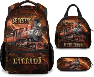 Boys Train School Backpack with Lunch Box - Set of 3 Train Backpacks Matching Combo for Kids 6-8 - Vintage Bookbag and Pencil Case Bundle