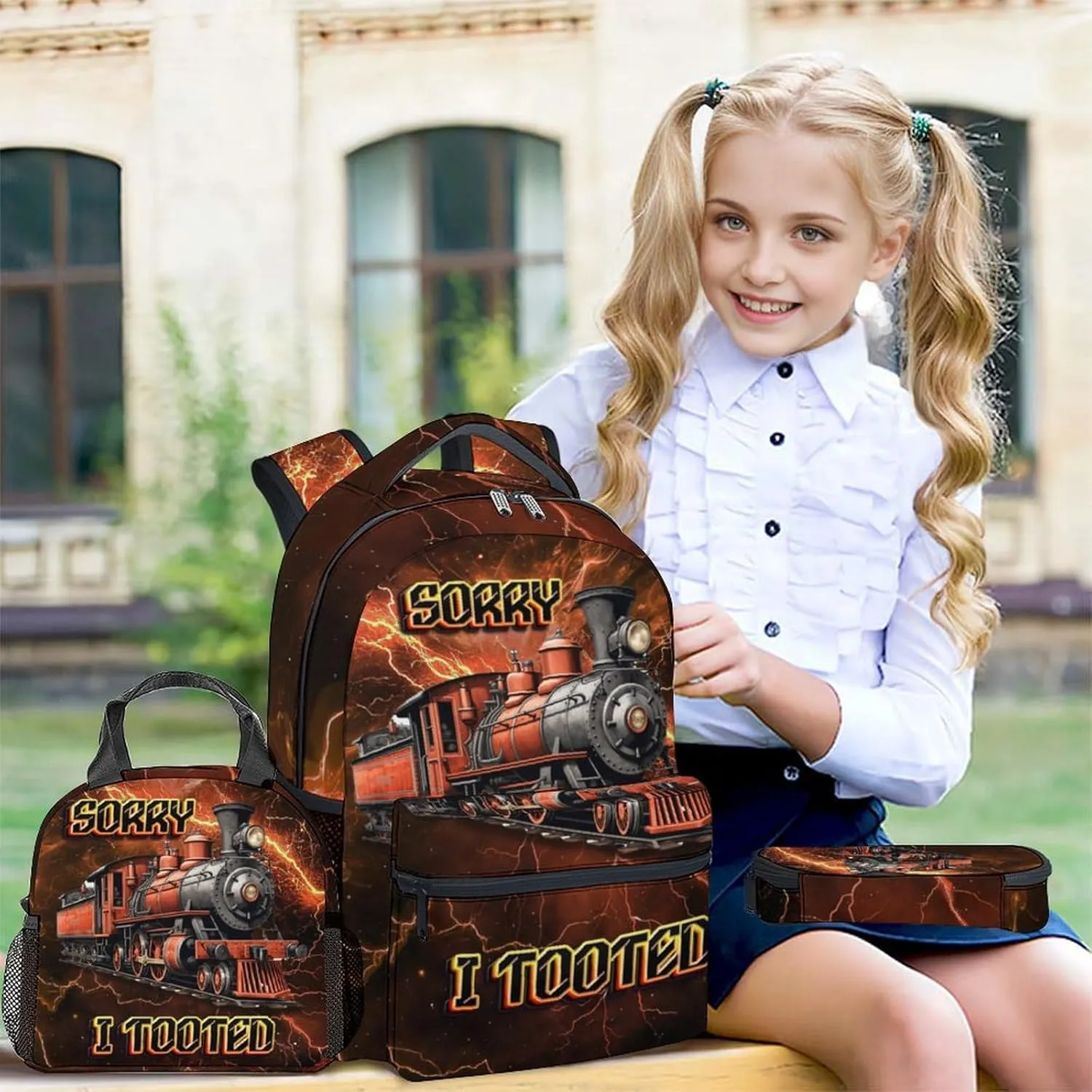 Boys Train School Backpack with Lunch Box - Set of 3 Train Backpacks Matching Combo for Kids 6-8 - Vintage Bookbag and Pencil Case Bundle