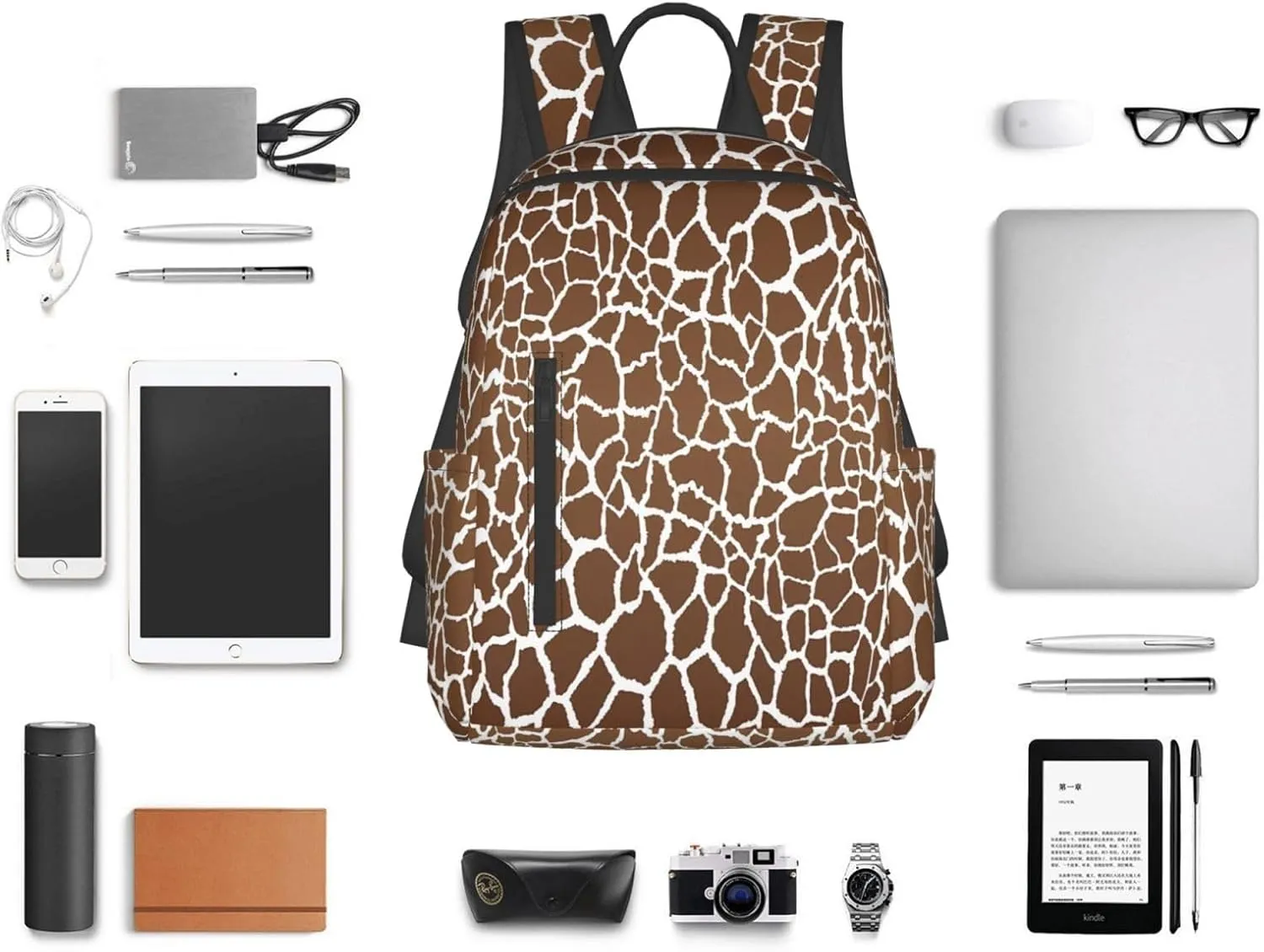 Brown White Giraffe Print Casual Backpacks Large Capacity Laptop Backpack Sports Rucksack Travel Daypack Adjustable Shoulder Strap Work Bag for Outdoor Camping