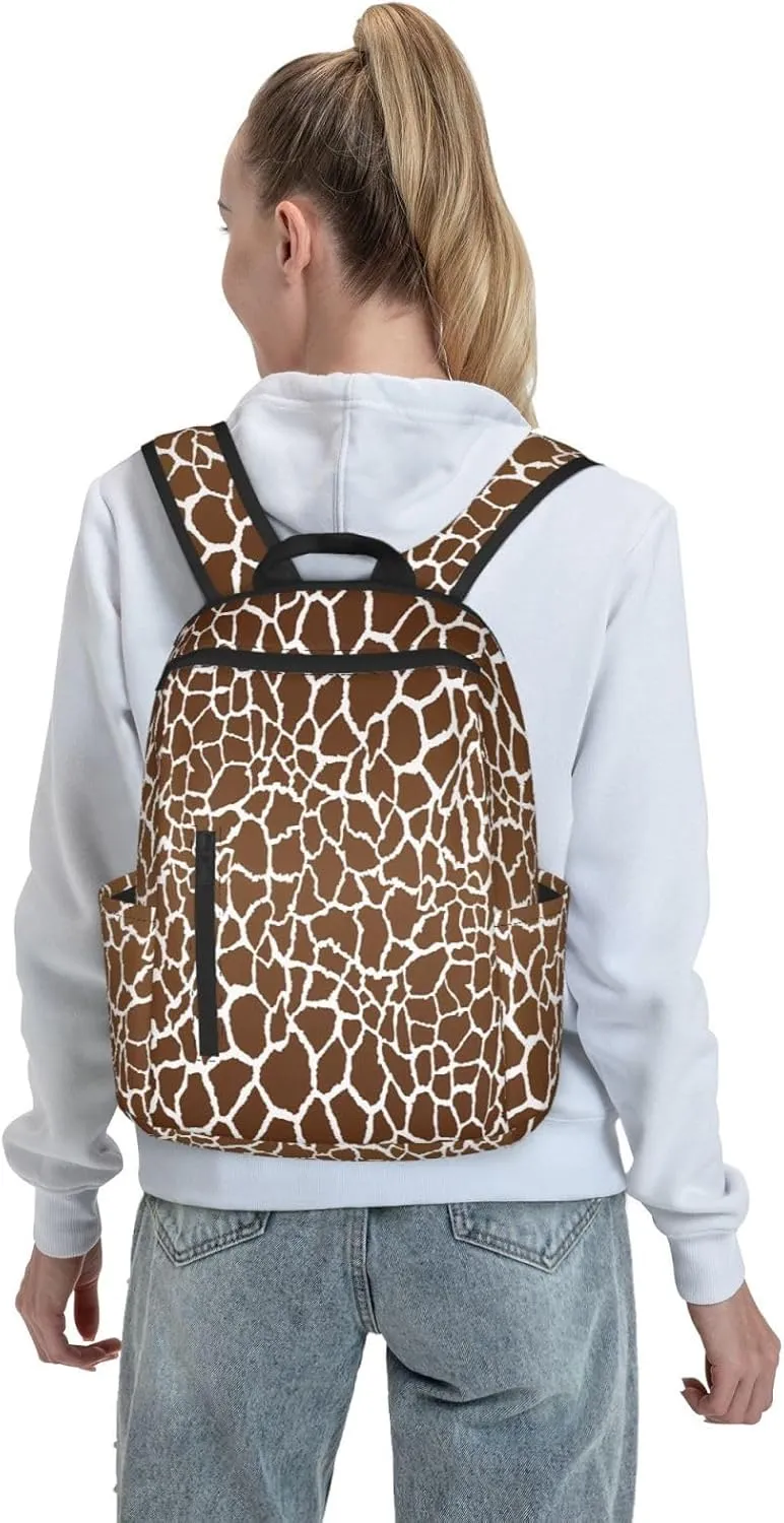Brown White Giraffe Print Casual Backpacks Large Capacity Laptop Backpack Sports Rucksack Travel Daypack Adjustable Shoulder Strap Work Bag for Outdoor Camping