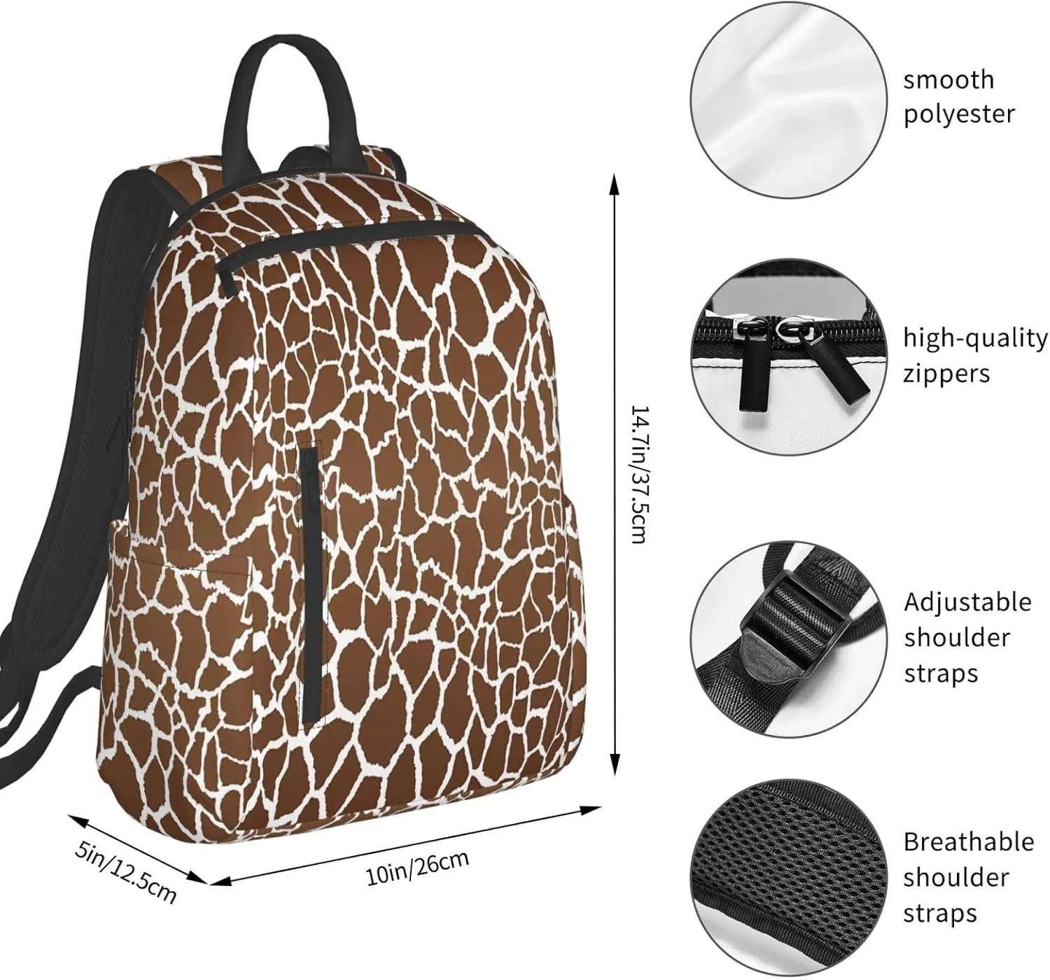 Brown White Giraffe Print Casual Backpacks Large Capacity Laptop Backpack Sports Rucksack Travel Daypack Adjustable Shoulder Strap Work Bag for Outdoor Camping