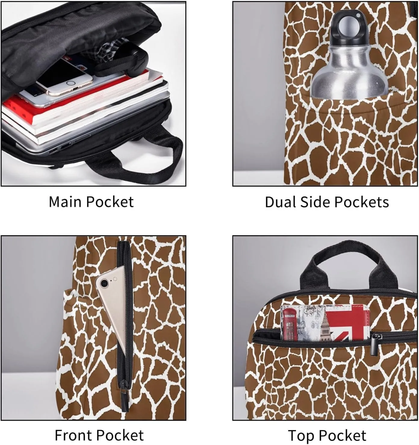 Brown White Giraffe Print Casual Backpacks Large Capacity Laptop Backpack Sports Rucksack Travel Daypack Adjustable Shoulder Strap Work Bag for Outdoor Camping