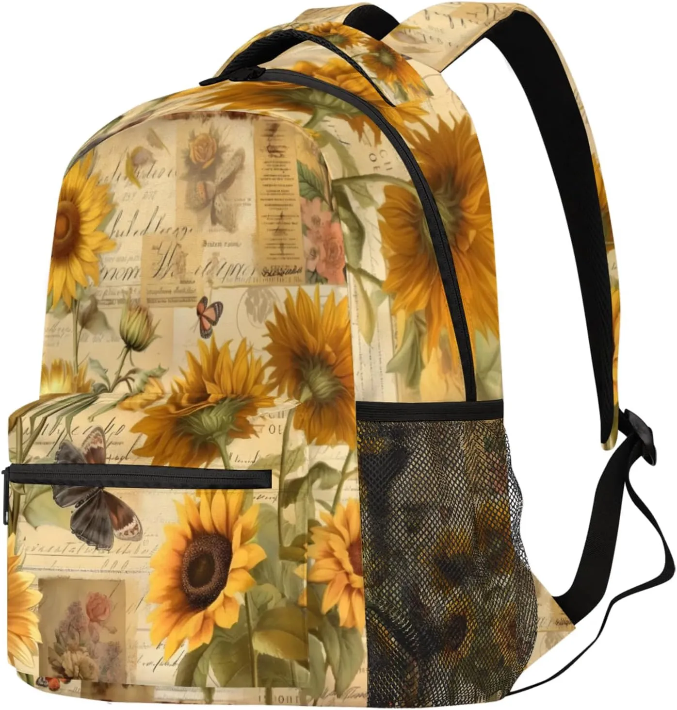 Budxapjw Sunflower Pattern Travel Laptop Backpack for Women Men Retro Newspaper Waterproof Bag with Adjustable Padded Shoulder Straps for Business Work Travel Hiking Camping