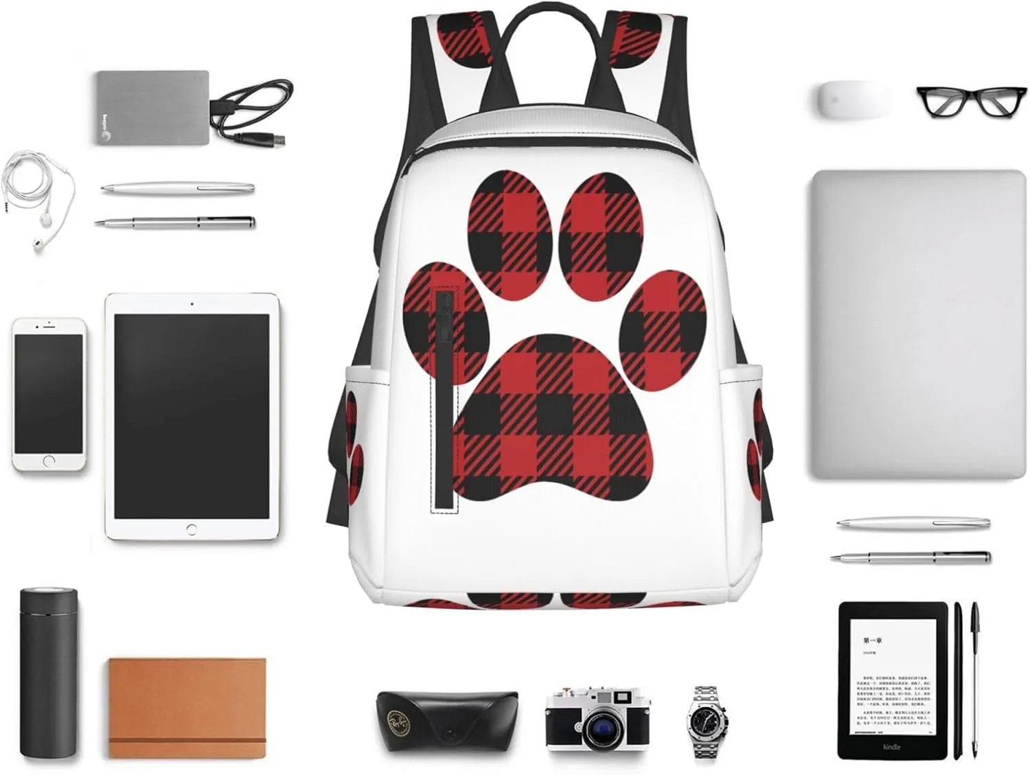 Buffalo Plaid Paw Casual Backpacks Large Capacity Laptop Backpack Sports Rucksack Travel Daypack Adjustable Shoulder Strap Work Bag for Outdoor Camping