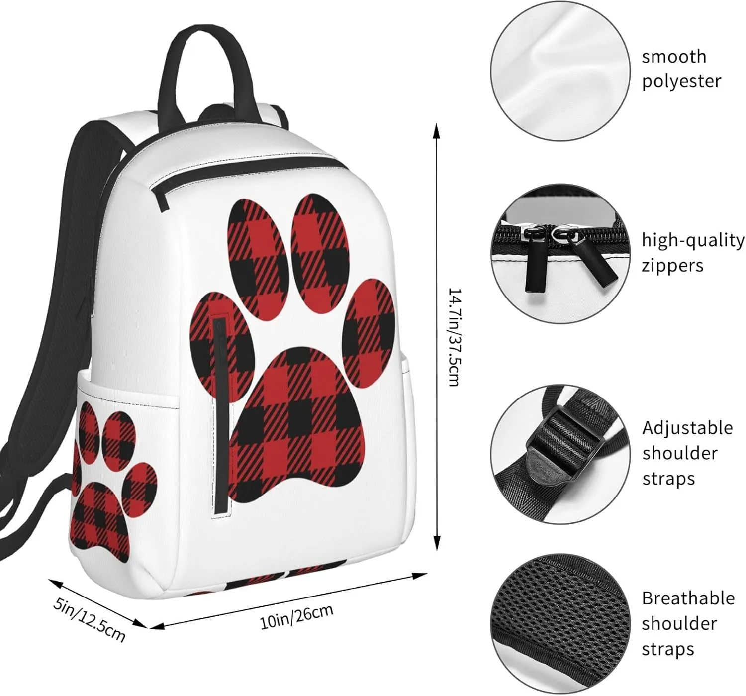 Buffalo Plaid Paw Casual Backpacks Large Capacity Laptop Backpack Sports Rucksack Travel Daypack Adjustable Shoulder Strap Work Bag for Outdoor Camping