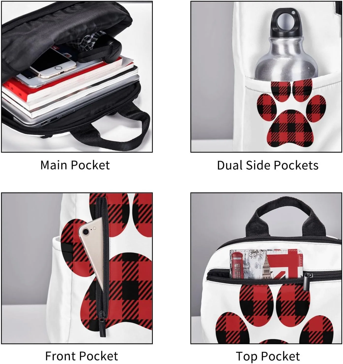 Buffalo Plaid Paw Casual Backpacks Large Capacity Laptop Backpack Sports Rucksack Travel Daypack Adjustable Shoulder Strap Work Bag for Outdoor Camping