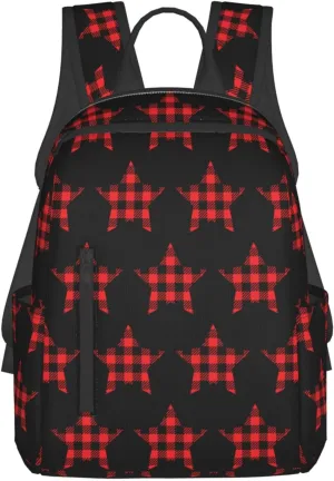 Buffalo Plaid Pentagram Star Casual Backpacks Large Capacity Laptop Backpack Sports Rucksack Travel Daypack Adjustable Shoulder Strap Work Bag for Outdoor Camping