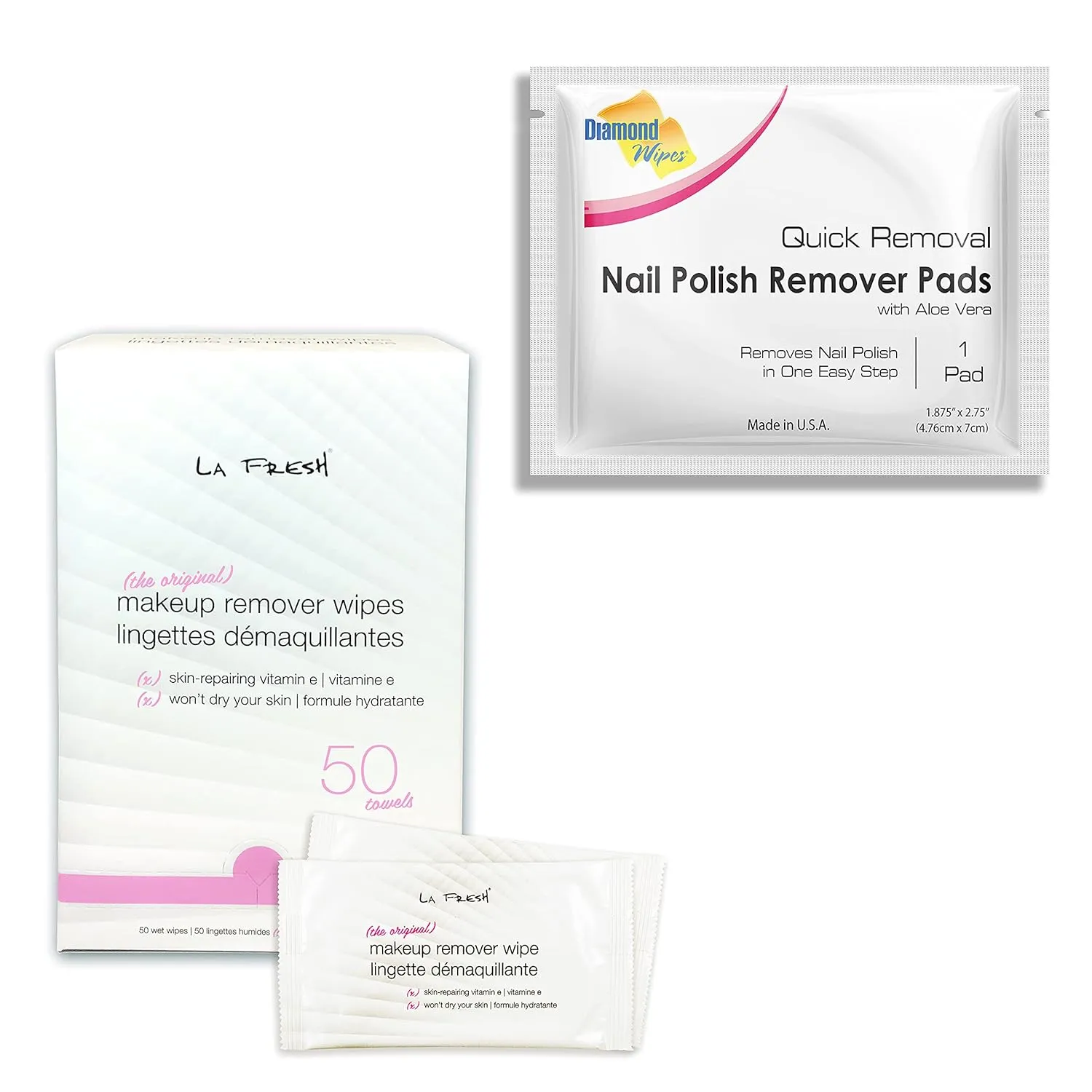 Bundle Deal-LA Fresh Makeup Remover Wipes 50 Packets and Diamond Wipes Pre-soaked Nail polish 50Pads