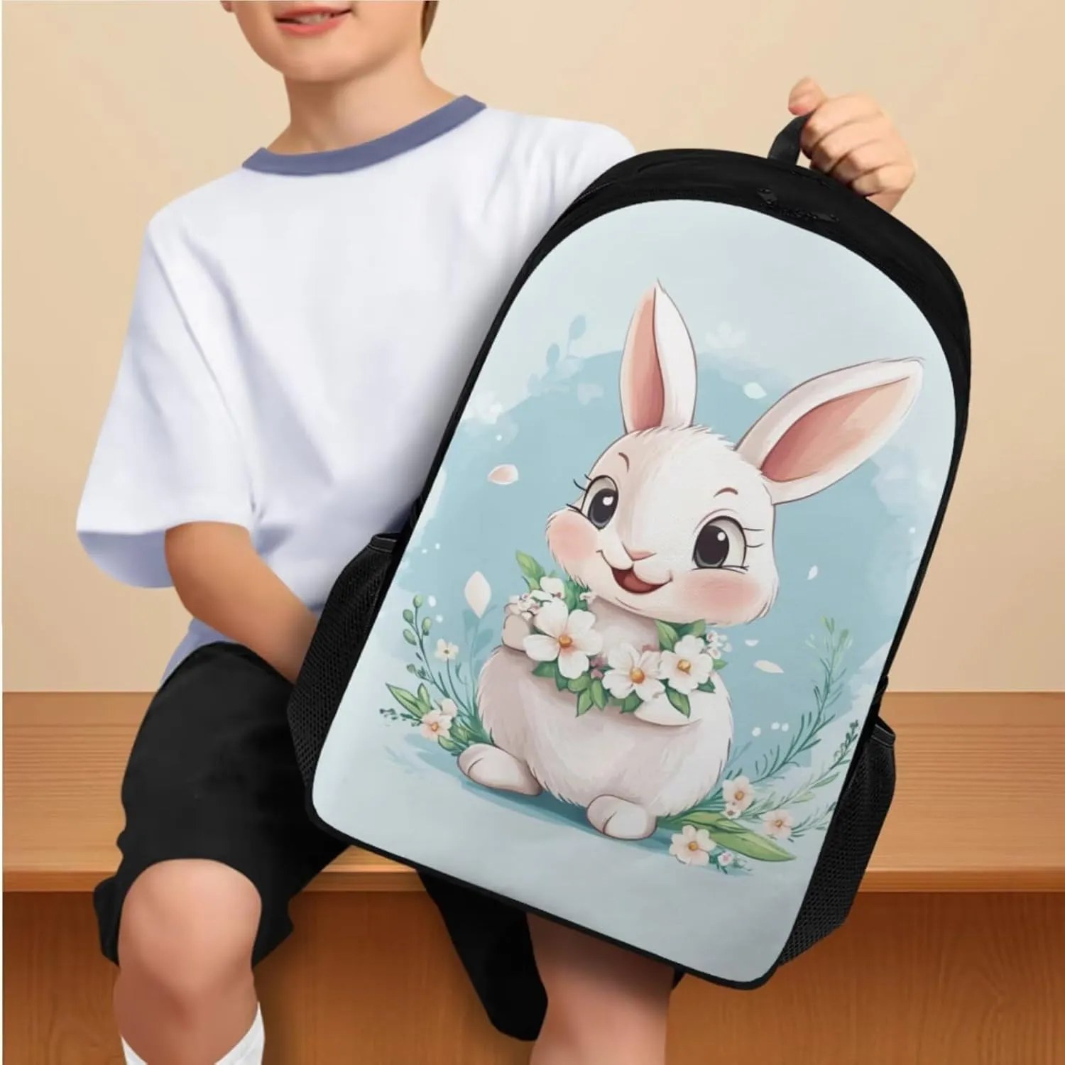 Bunny School Backpack for Kids Girls Backpack with Lunch Box Pencil Case 4 Pcs Cute Bookbag with Side Pockets 17" Aesthetic Elementary School Bag for Girls