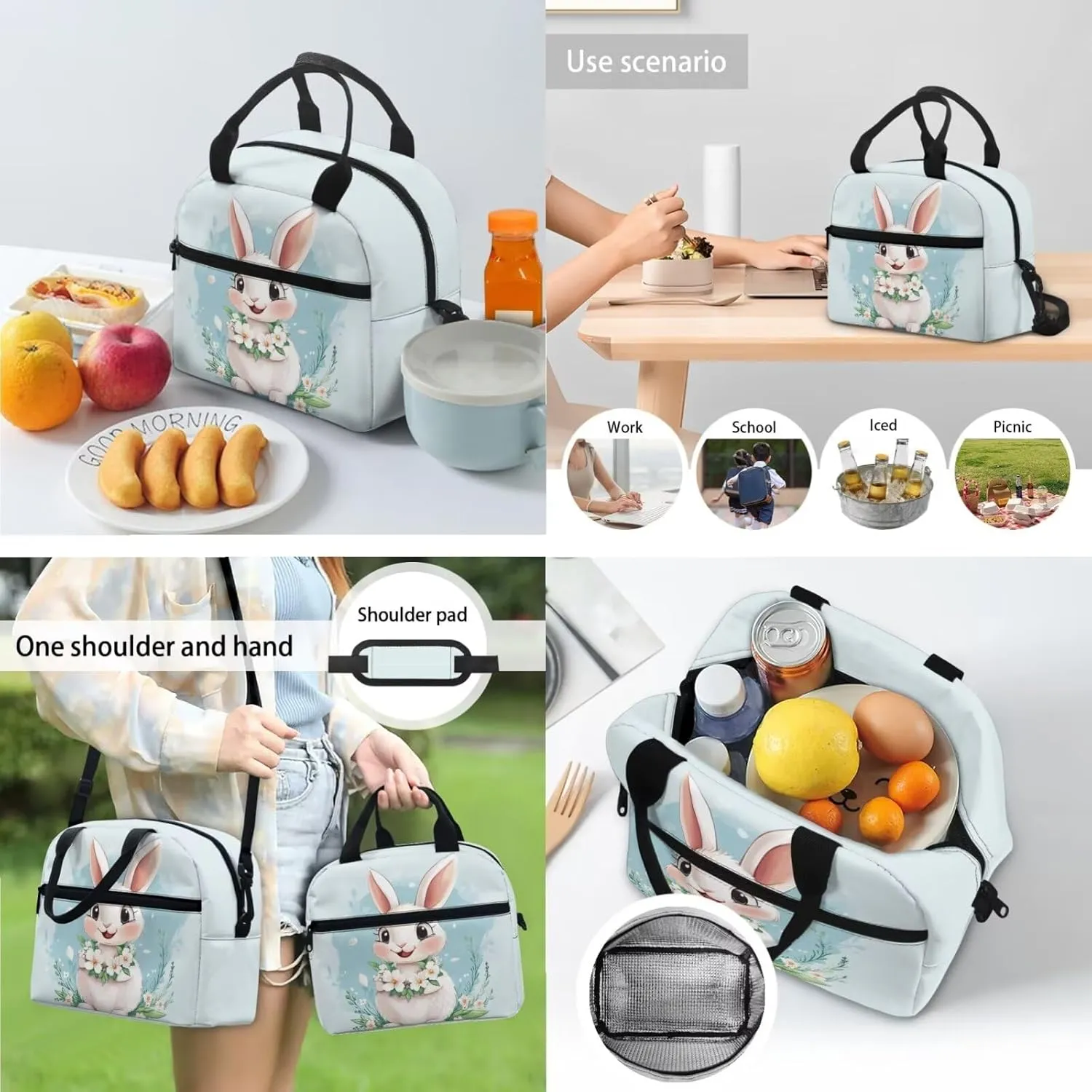 Bunny School Backpack for Kids Girls Backpack with Lunch Box Pencil Case 4 Pcs Cute Bookbag with Side Pockets 17" Aesthetic Elementary School Bag for Girls