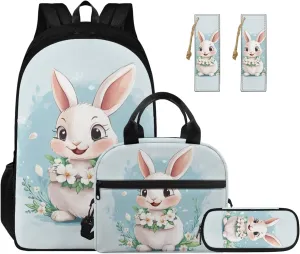 Bunny School Backpack for Kids Girls Backpack with Lunch Box Pencil Case 4 Pcs Cute Bookbag with Side Pockets 17" Aesthetic Elementary School Bag for Girls