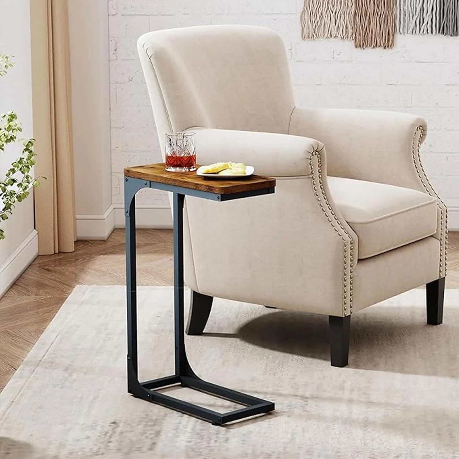 C Shaped End Table, Side Table TV Tray Overbed Table for Small Spaces Narrow Couch Living Room Bedroom Bedside Sofa