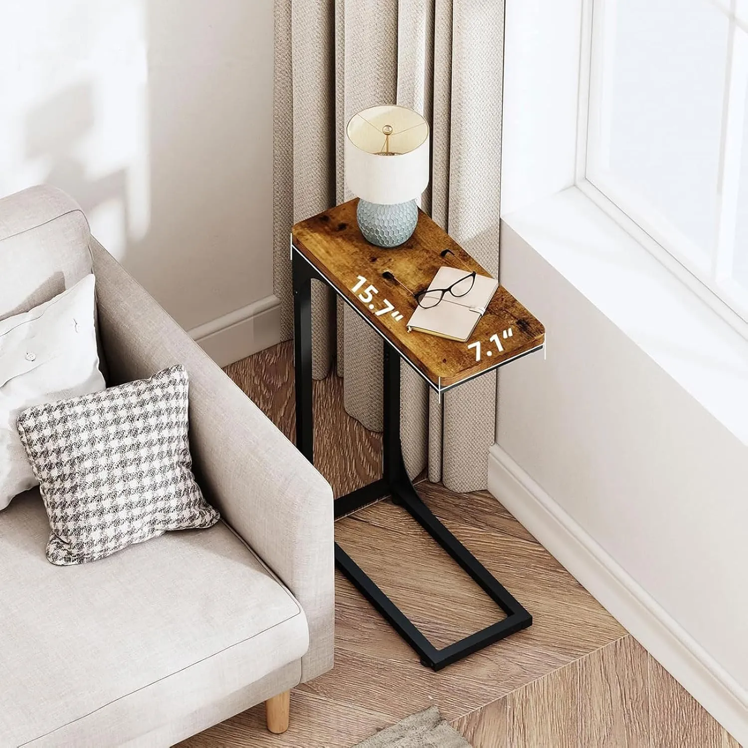 C Shaped End Table, Side Table TV Tray Overbed Table for Small Spaces Narrow Couch Living Room Bedroom Bedside Sofa