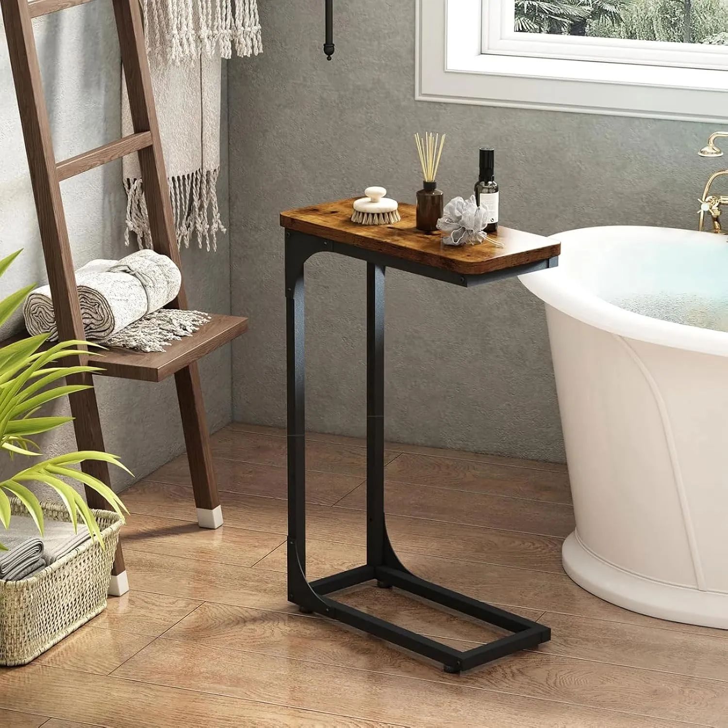 C Shaped End Table, Side Table TV Tray Overbed Table for Small Spaces Narrow Couch Living Room Bedroom Bedside Sofa