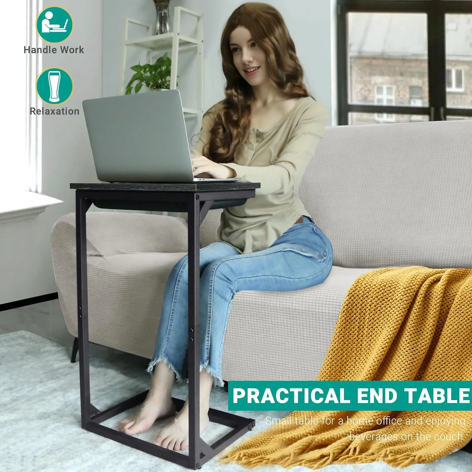 C Shaped End Table, Small Couch Side Table with Storage Bag, Sofa Table for Bedroom, Living Room, Bedside