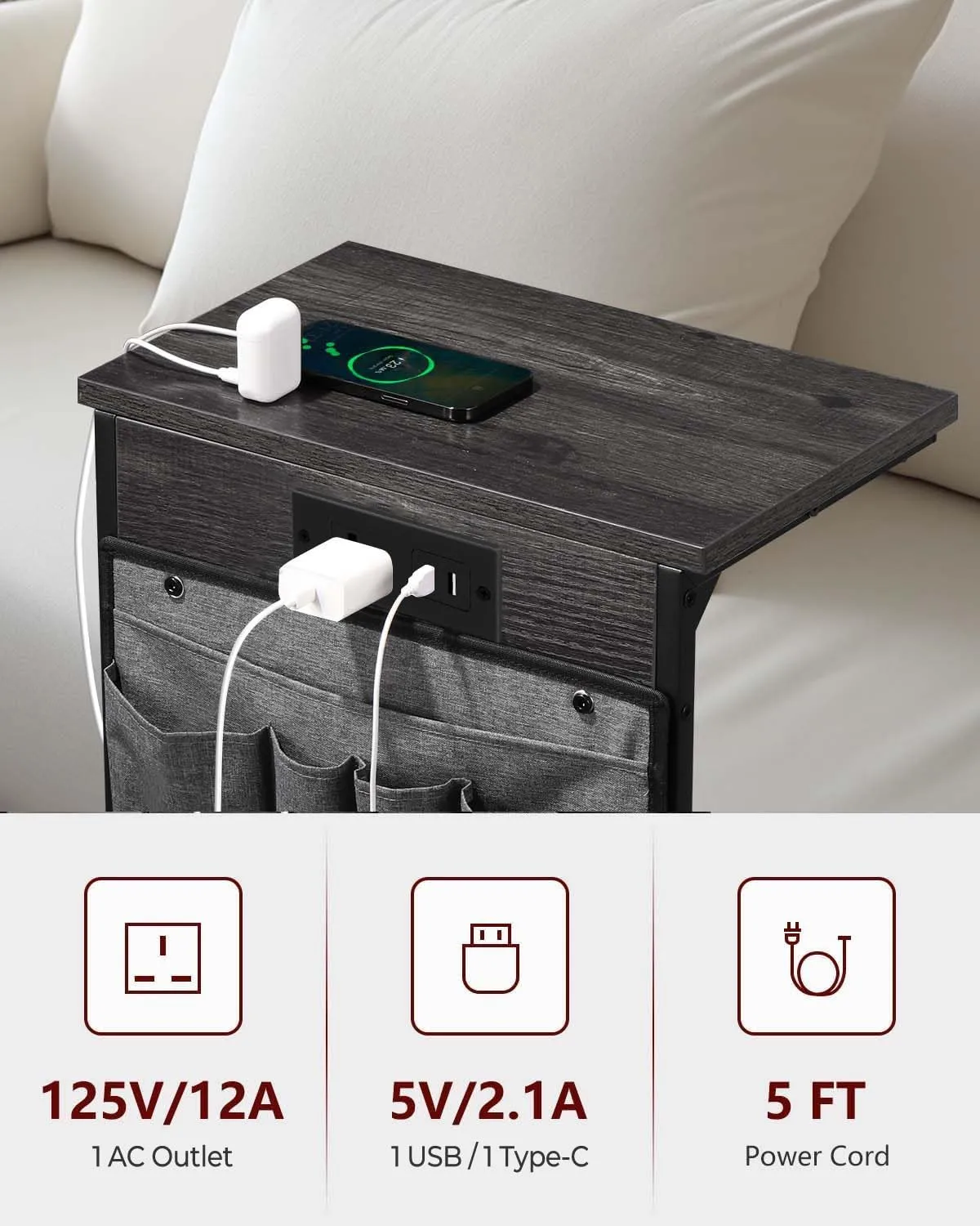 C Shaped End Table with Charging Station, Small Side Table with Storage Bag for Couch and Recliner, Slide Under Sofa Tray for Living Room, Bedroom, Deep Gray