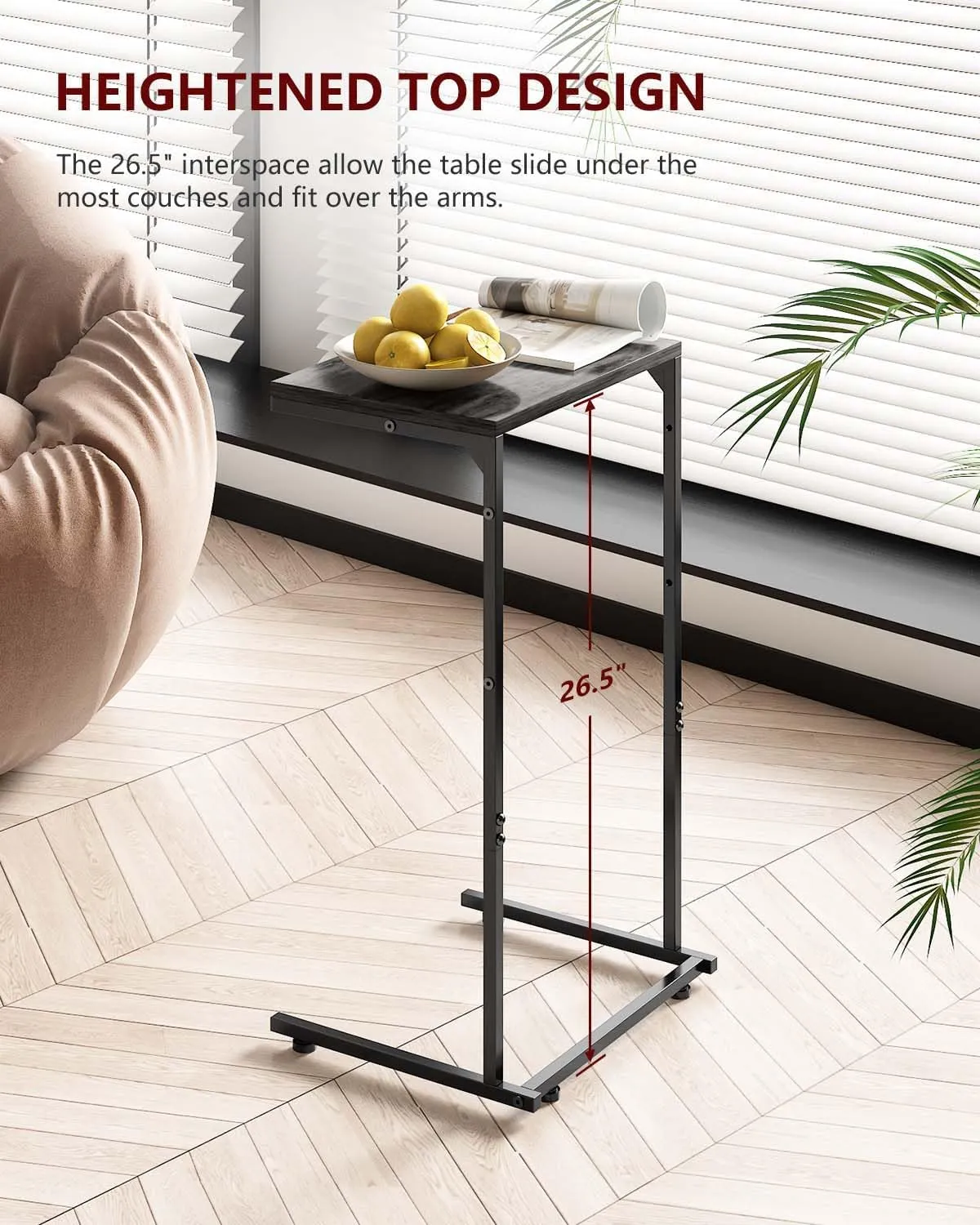 C Shaped End Table with Charging Station, Small Side Table with Storage Bag for Couch and Recliner, Slide Under Sofa Tray for Living Room, Bedroom, Deep Gray
