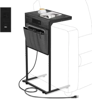 C Shaped End Table with Charging Station, Small Side Table with Storage Bag for Couch and Recliner, Slide Under Sofa Tray for Living Room, Bedroom, Deep Gray