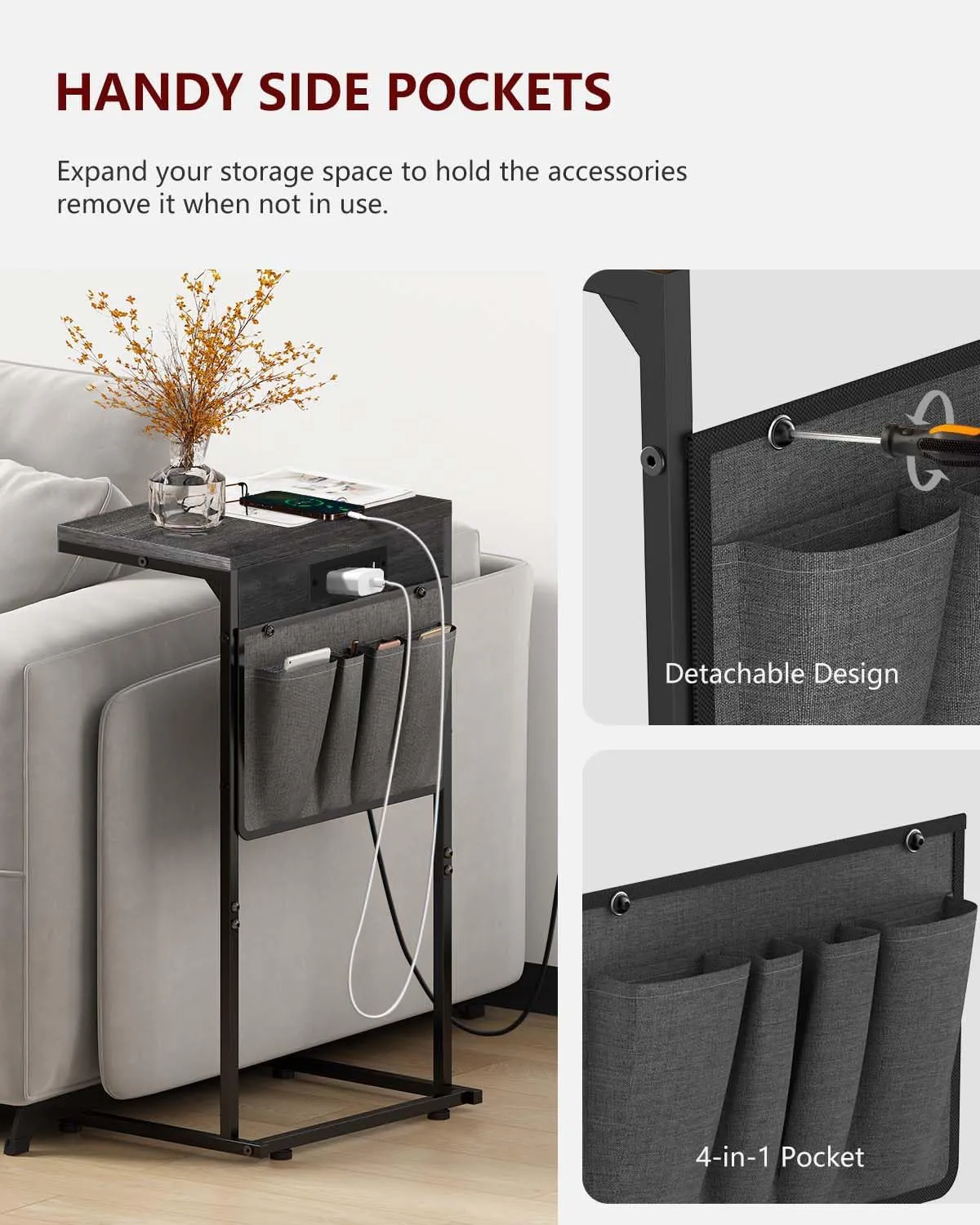 C Shaped End Table with Charging Station, Small Side Table with Storage Bag for Couch and Recliner, Slide Under Sofa Tray for Living Room, Bedroom, Deep Gray