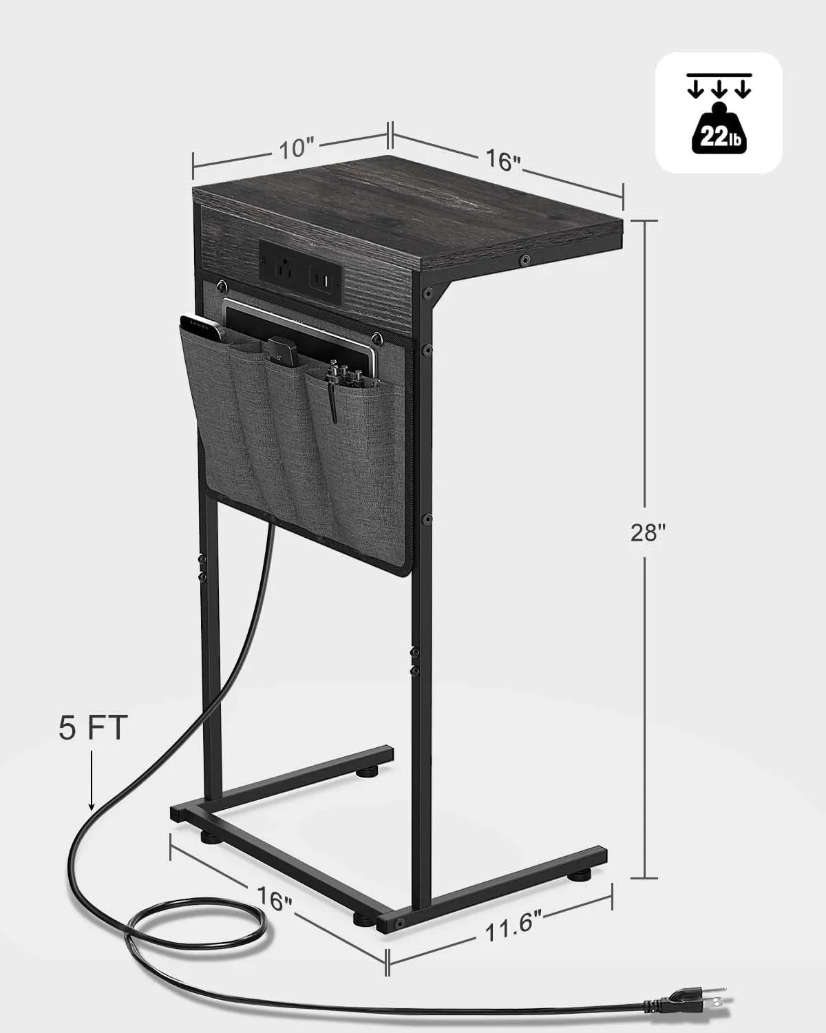 C Shaped End Table with Charging Station, Small Side Table with Storage Bag for Couch and Recliner, Slide Under Sofa Tray for Living Room, Bedroom, Deep Gray