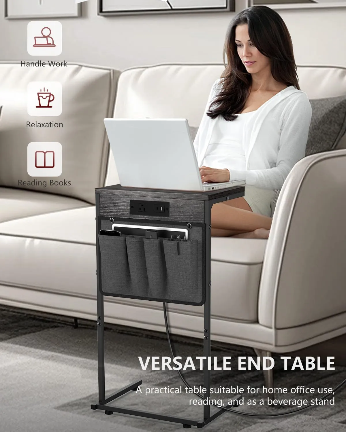 C Shaped End Table with Charging Station, Small Side Table with Storage Bag for Couch and Recliner, Slide Under Sofa Tray for Living Room, Bedroom, Deep Gray