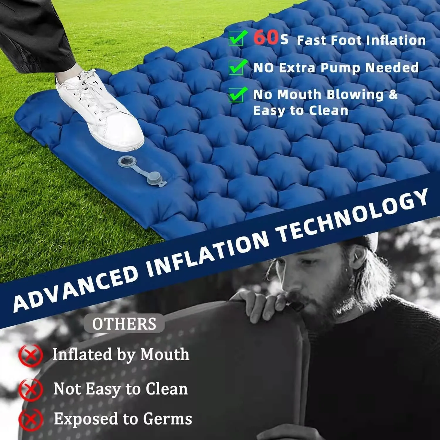 Camping Double Sleeping Mat, Inflatable Double Mat with Pedal Pump and Pillow, Ultra Light Sleep Air Mat for 2 People Portable Sleeping Bed for Camping Hiking Backpacks Hiking Tent (Blue)